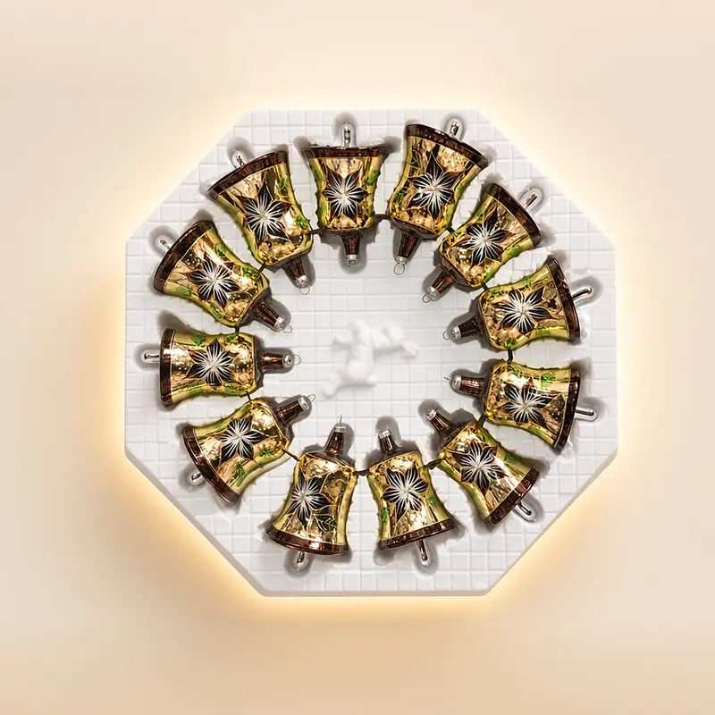 Campanas de vidrio soplado de 10 cm (12 piezas) — modelo dorado con flor negra