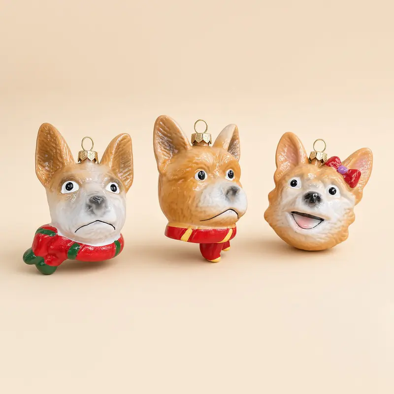 Cabezas de perrito corgi de vidrio (3 piezas)