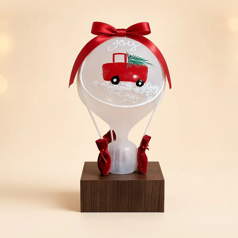 Globo de cristal de 17 cm con base de madera y moño rojo