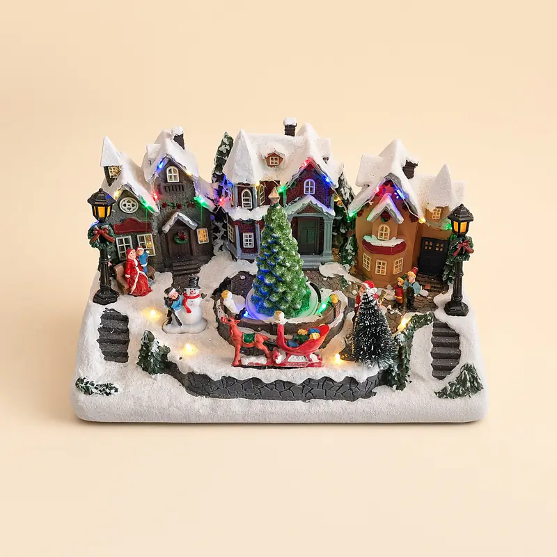 Villa pueblo con pino y trineo (17 cm)
